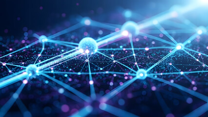 Interconnected network nodes illuminating pathways in a digital landscape representation conceptualizing future