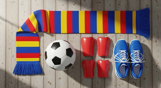 A soccer ball scarf shin guards and shoes arranged on a wooden background flat lay