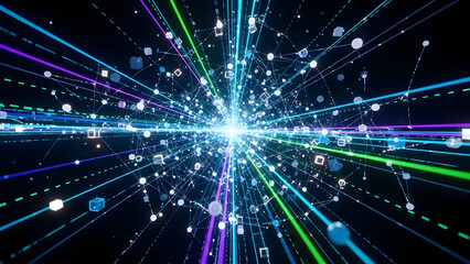 Fototapeta premium Futuristic hyperspace network with light trails and digital data points, simulating advanced technology and