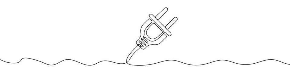 Electric plug with a cable coming from a wavy line in one line art style. Symbol of electricity with editable black stroke. Vector illustration.