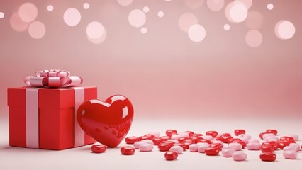 Romantic red gift box, glossy heart, and candies on pink bokeh
