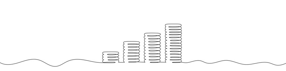 Four stacks of coins in increasing height in one line art style. Symbol of finance, growth, and savings with editable black stroke. Vector illustration.