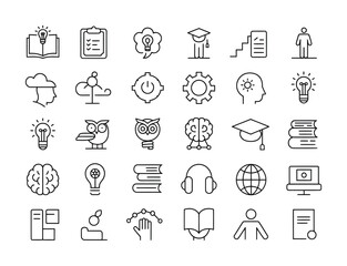 Education creativity and learning line icon set for school knowledge and ideas
