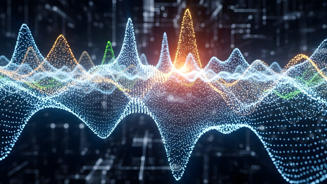 Abstract visualization of data waves formed by luminous particles in a digital space representing advanced technology - Powered by Adobe