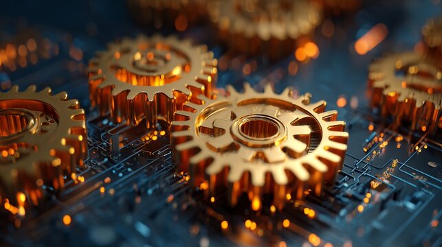 Golden Gears on Circuit Board Background with Bokeh Lighting and Abstract Technology Theme