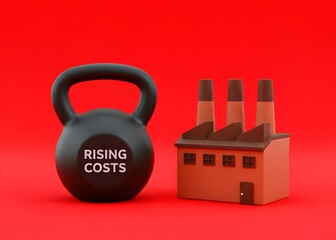 An industrial factory and a weight with rising costs. Increasing taxes and wages. Changing economic conditions, rising prices for resources and energy. Business adaptation concept