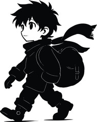 A young anime boy walks with a backpack in monochrome style