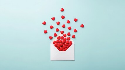 Love message: red hearts spilling from a white envelope on blue