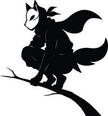 A stylized black and white illustration of a fox like figure in a crouched pose
