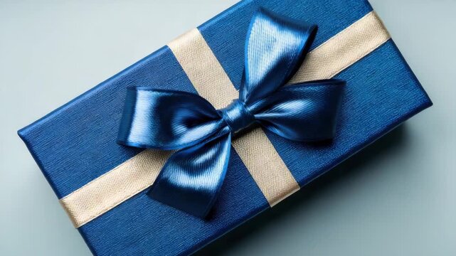 Overhead Close Up of a Blue Textured Gift Box with Shiny Ribbon and Bow on a Soft Blue Background, Festive and Elegant