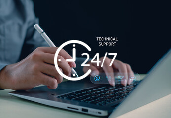 24-7 technical support concept with professional using laptop and digital communication icons, symbolizing nonstop customer assistance, online service, and reliable troubleshooting.