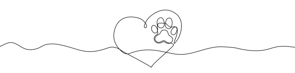 Drawing of an animal paw print inside a heart outline in one line art style. Illustration of animal love with editable stroke. Vector illustration.
