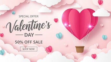 Valentine's day sale banner: heart balloon and paper cut clouds