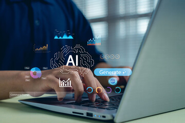 person using a laptop to generate AI-powered data analytics with interactive charts, automation tools, and digital insights, representing intelligent technology, innovation, and modern data systems.