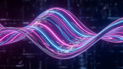 Vibrant glowing strands weaving through digital space generating a hypnotic wave pattern illuminated in vivid