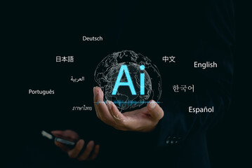 Hand holding glowing AI globe with multilingual language symbols including English, Thai and European languages representing global artificial intelligence translation technology smart communication.