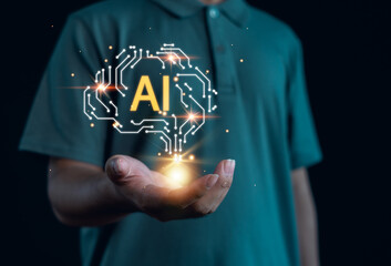 AI technology concept showing glowing digital brain floating above an open hand, representing artificial intelligence, innovation, data processing, smart solutions, advanced futuristic development.