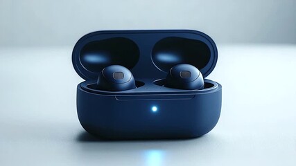 Modern wireless earbuds in a sleek charging case on a minimalistic surface