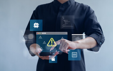 AI system warning concept showing person interacting with holographic alert icons, error messages, digital data panels, representing cybersecurity risks, smart monitoring processes.