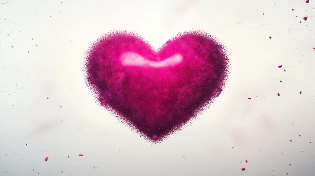 Vibrant magenta heart exploding into fine pink dust particles against a bright, soft white background, symbolizing love and passion 4k video