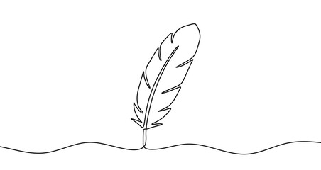 Drawing of a writing quill or bird feather in one line art style. Illustration of writing or softness with editable stroke. Vector illustration. © chekman