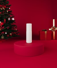 Christmas Product Display with White Bottle on Red Pedestal