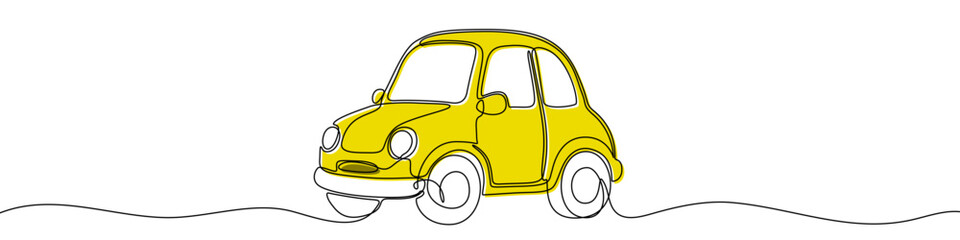 Yellow small retro car in continuous one line art style. Car sketch with editable black stroke on white background. Vector illustration.