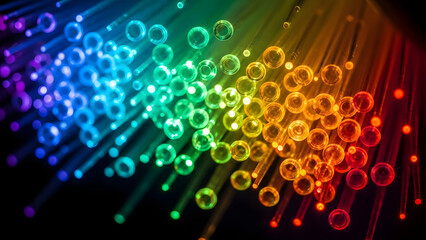 Optical fiber rainbow lights creating an abstract background showcasing technological advancement with vibrant color