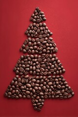 Coffee beans forming christmas tree on red background, vertical