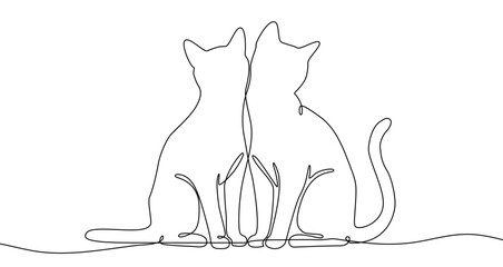 Two cats sitting back to back in continuous one line art style. Animal sketch with editable black stroke on white background. Vector illustration.