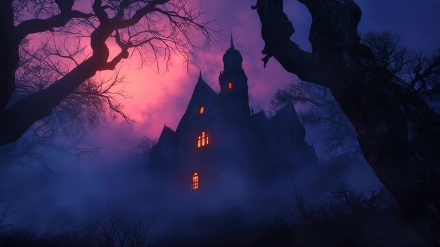 Mysterious gothic haunted mansion shrouded in thick fog under a dramatic pink and purple twilight sky framed by dark tree silhouettes 4k video
