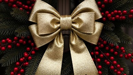 Close up of a large glittering gold bow tied on a festive christmas wreath with red berries and green pine needles