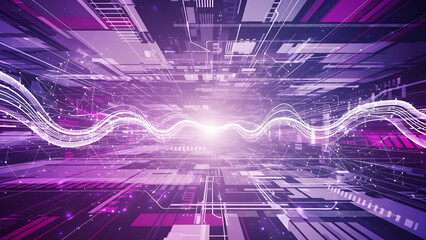 Abstract purple technology background with glowing wave patterns and circuit board designs representing futuristic