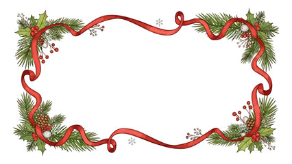 Create cheerful holiday greetings with this festive frame featuring ribbons, pine branches, and holly berries for warm Christmas wishes and seasonal joy