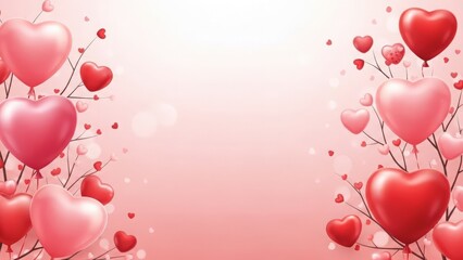 Romantic heart balloons and branches on a pink gradient background.