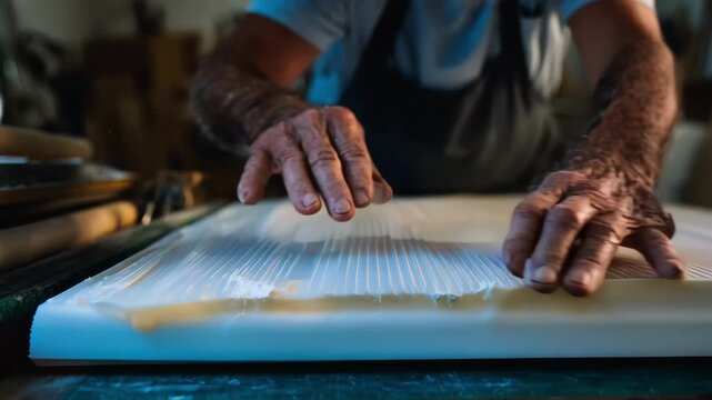 Medium shot of artisans skillfully handling recycled vinyl sheets before pressing emphasizing resource conservation in sustainable record creation