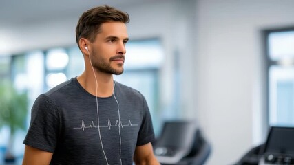 Handsome male in athletic t shirt with heart rate print walks with earphones in a contemporary gym environment. Active lifestyle and wellness concept with modern exercise equipment in the background