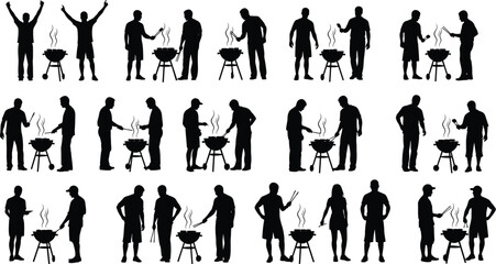 barbecue, grill, cooking, outdoor, summer, silhouette, people, smoke, utensil, food, backyard, party, man, woman, chef, picnic, lifestyle, flame, charcoal, gathering