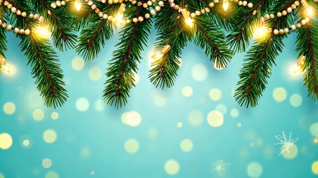 Green pine branches adorned with lights and golden beads set a cheerful holiday mood, capturing the essence of celebration and joy