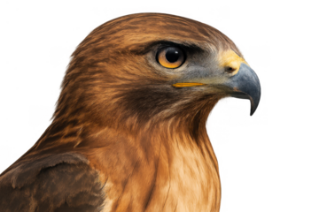 Red-tailed hawk head close-up profile showing sharp eye and strong beak, observing wildlife, transparent background