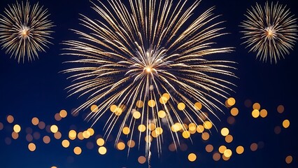 Vibrant golden fireworks explode in the night sky above a field of glowing bokeh lights