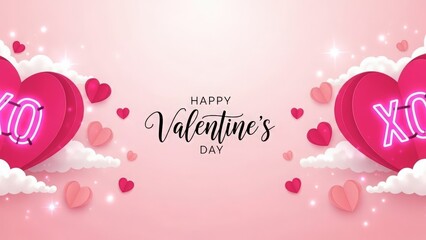 Happy valentine's day banner with hearts, clouds, and neon xo