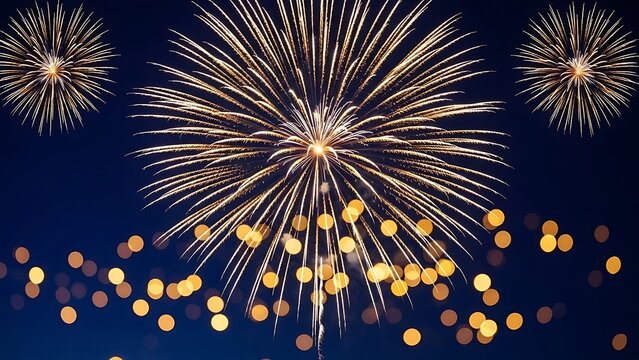 Vibrant golden fireworks explode in the night sky above a field of glowing bokeh lights