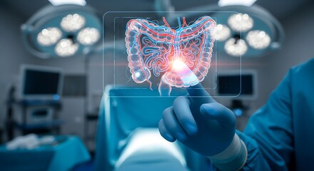 Futuristic medical concept of a surgeon using a holographic interface to analyze the human intestine in an operating room