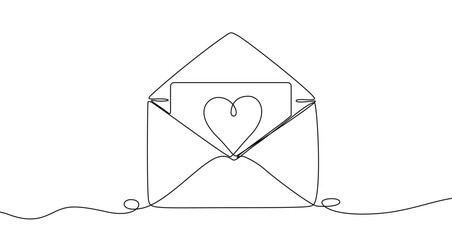 Continuous one line drawing of an open envelope with a card and heart. Editable black stroke on a white background. Vector illustration.