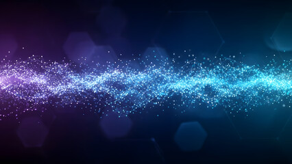 Dynamic interconnected network visualization with luminous particles in purple and blue hues for digital background