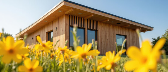 Modern wooden house surrounded by vibrant yellow flowers, showcasing blend of nature and architecture in sunny environment