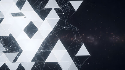 Interconnected geometric structures with network nodes against cosmic backdrop creating a futuristic and advanced
