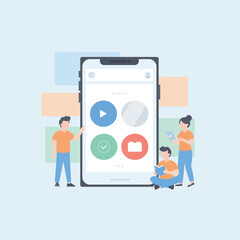 Students Interacting with Mobile Phone Showing Video, Quiz, and Reading Modules.