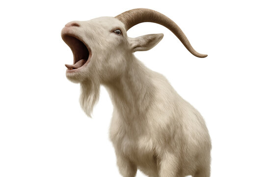 Goat opening mouth wide and making a loud bleating sound on transparent background, animal communicating